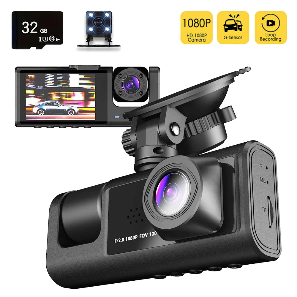 Car dash cam with infrared night vision, 1080p recording.