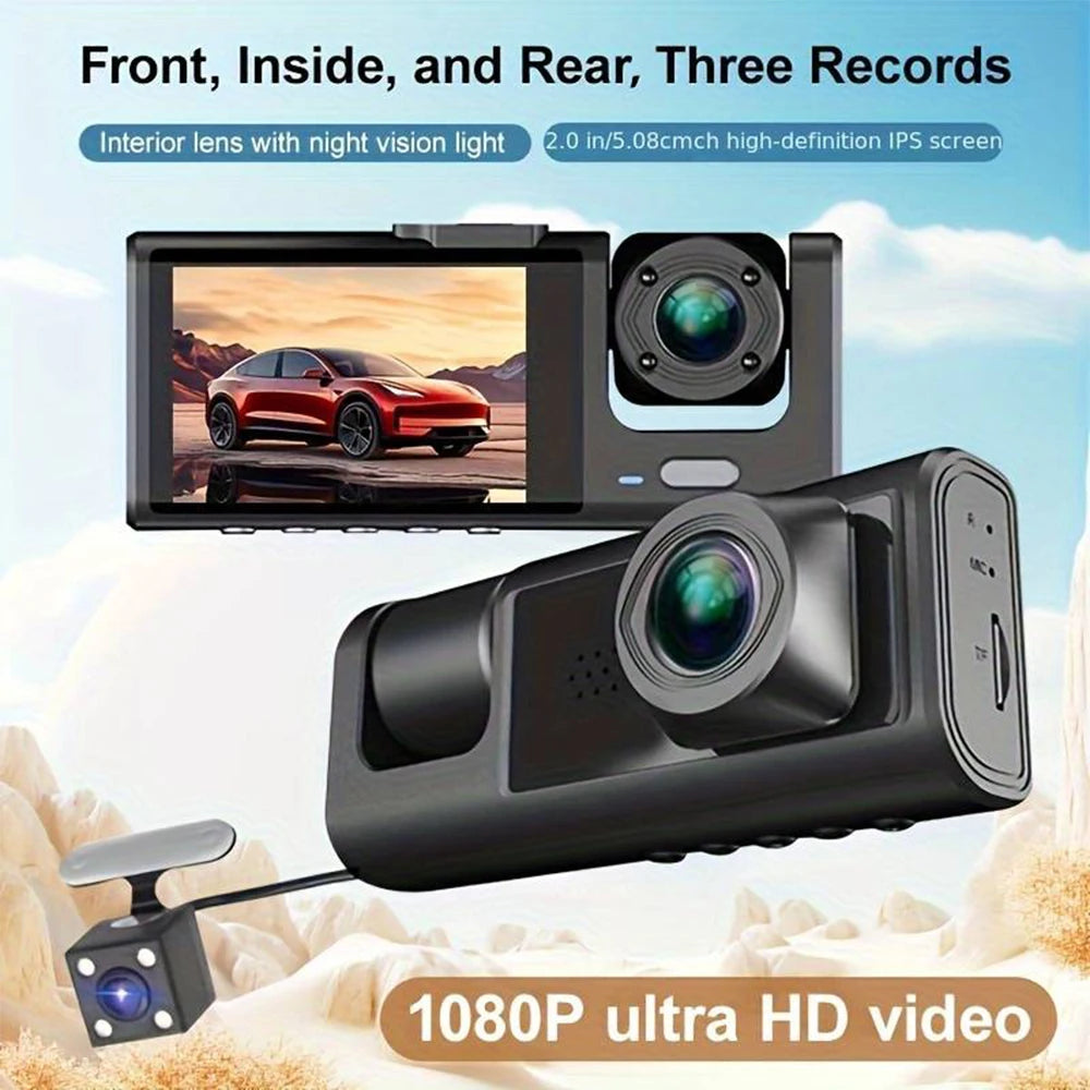 Car dash cam with infrared night vision, 1080p recording.