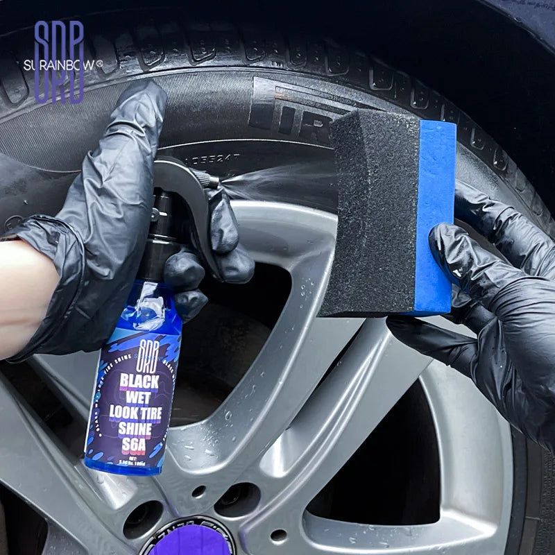 Tire treatment with a deep gloss finish for protection, cracking and fading.