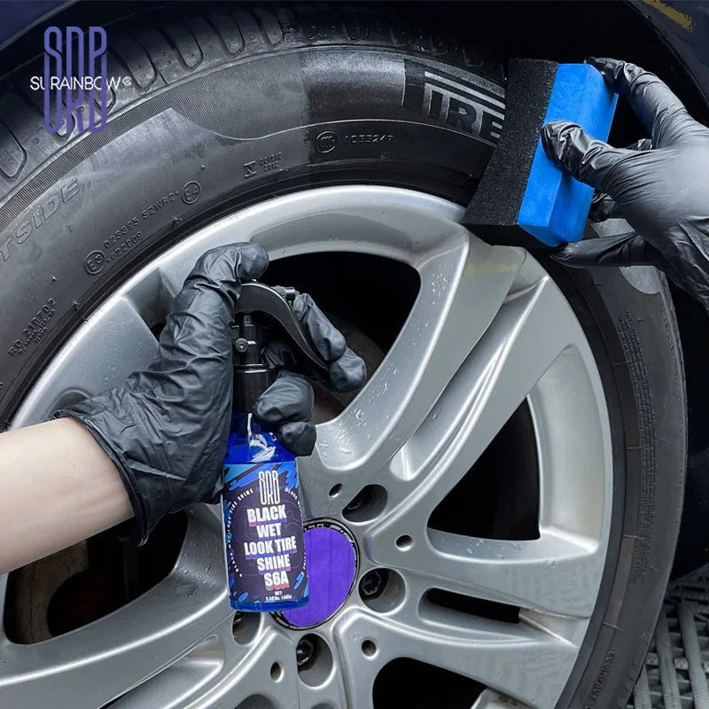 Tire treatment with a deep gloss finish for protection, cracking and fading.